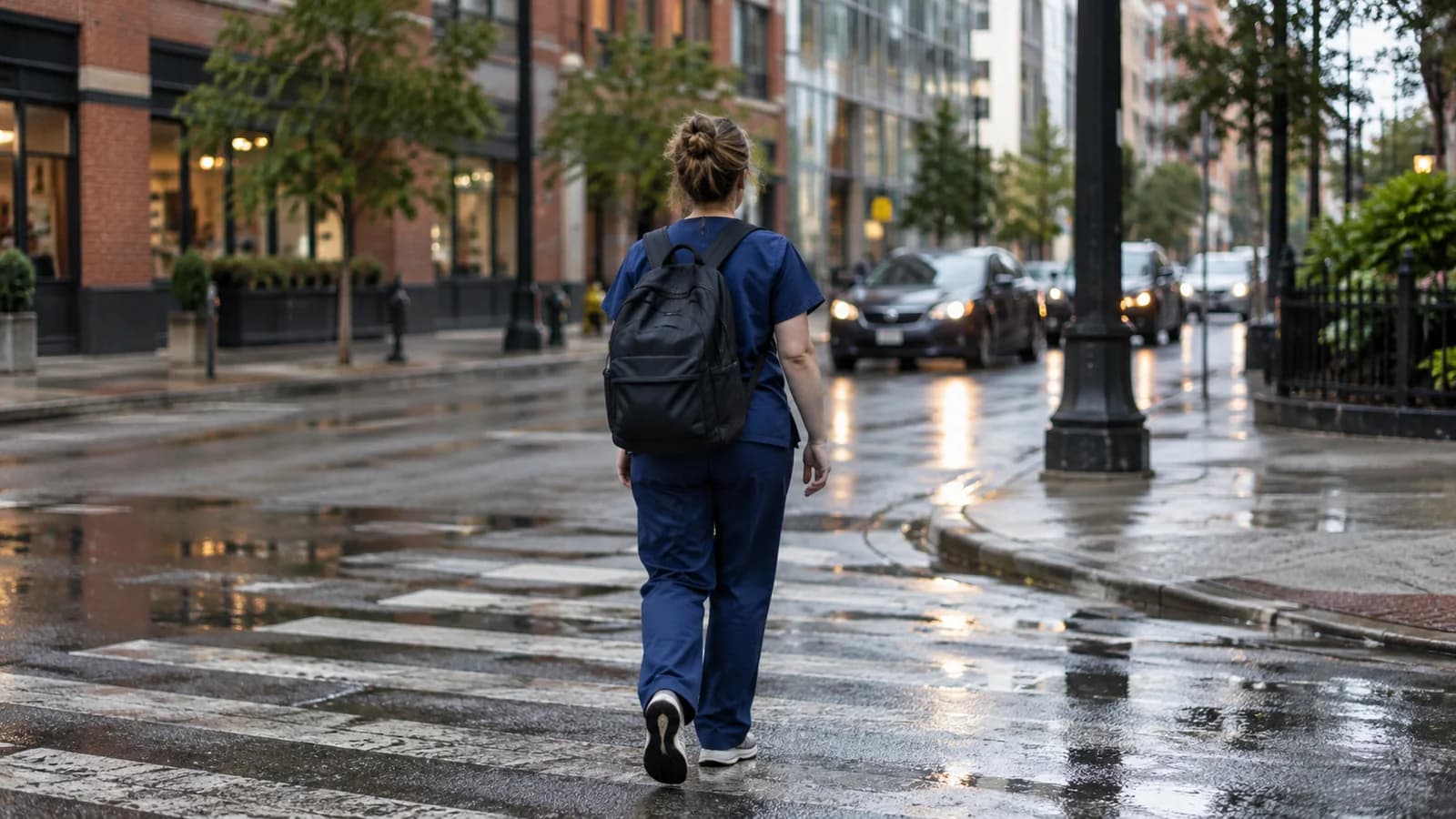 AI-generated photographic scene of a medical professional with a backpack crossing a city street