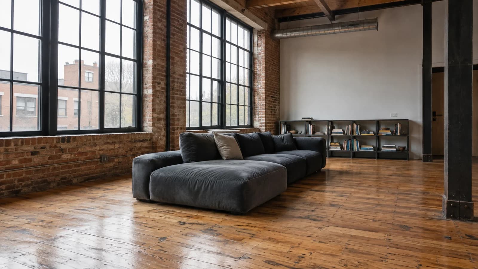 AI-generated photographic scene of a brick loft with tall factory windows and a charcoal sofa