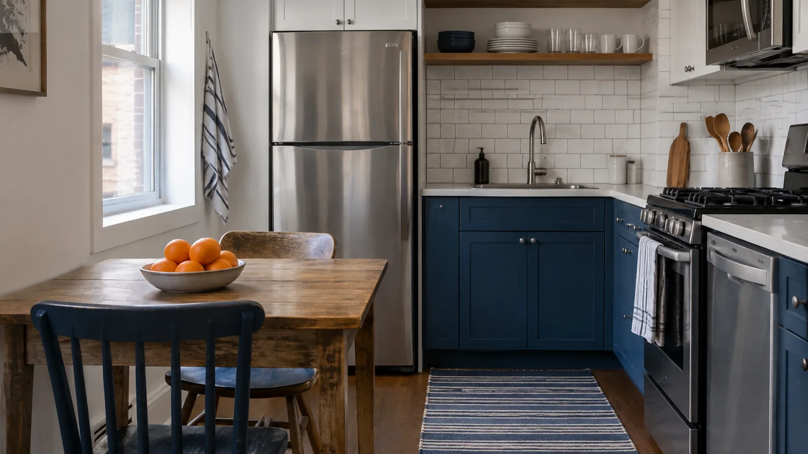 AI-generated photographic scene of a compact furnished kitchen with a dining table and blue cabinets