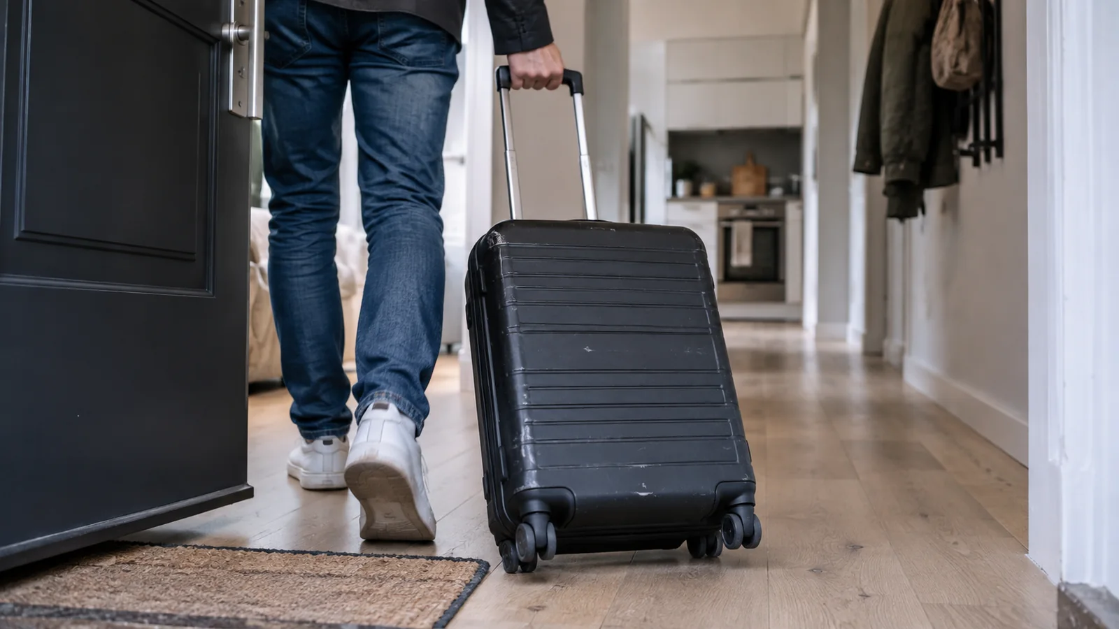 AI-generated photographic scene of a traveler bringing a suitcase through an apartment doorway