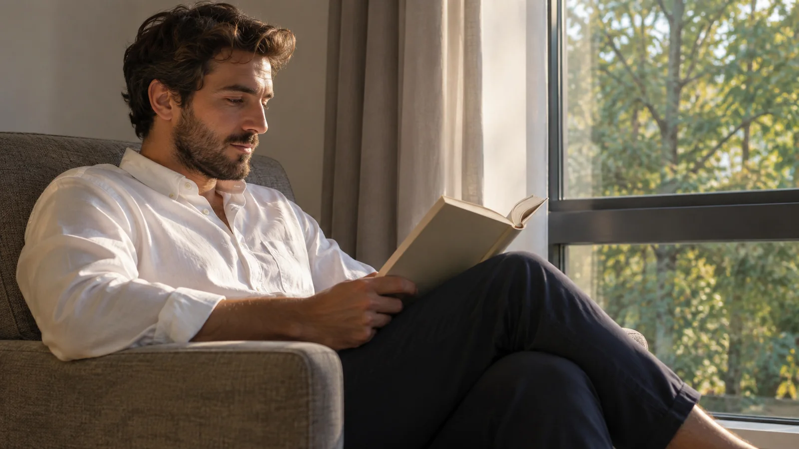 AI-generated photographic scene of a guest reading in an armchair beside a leafy apartment window
