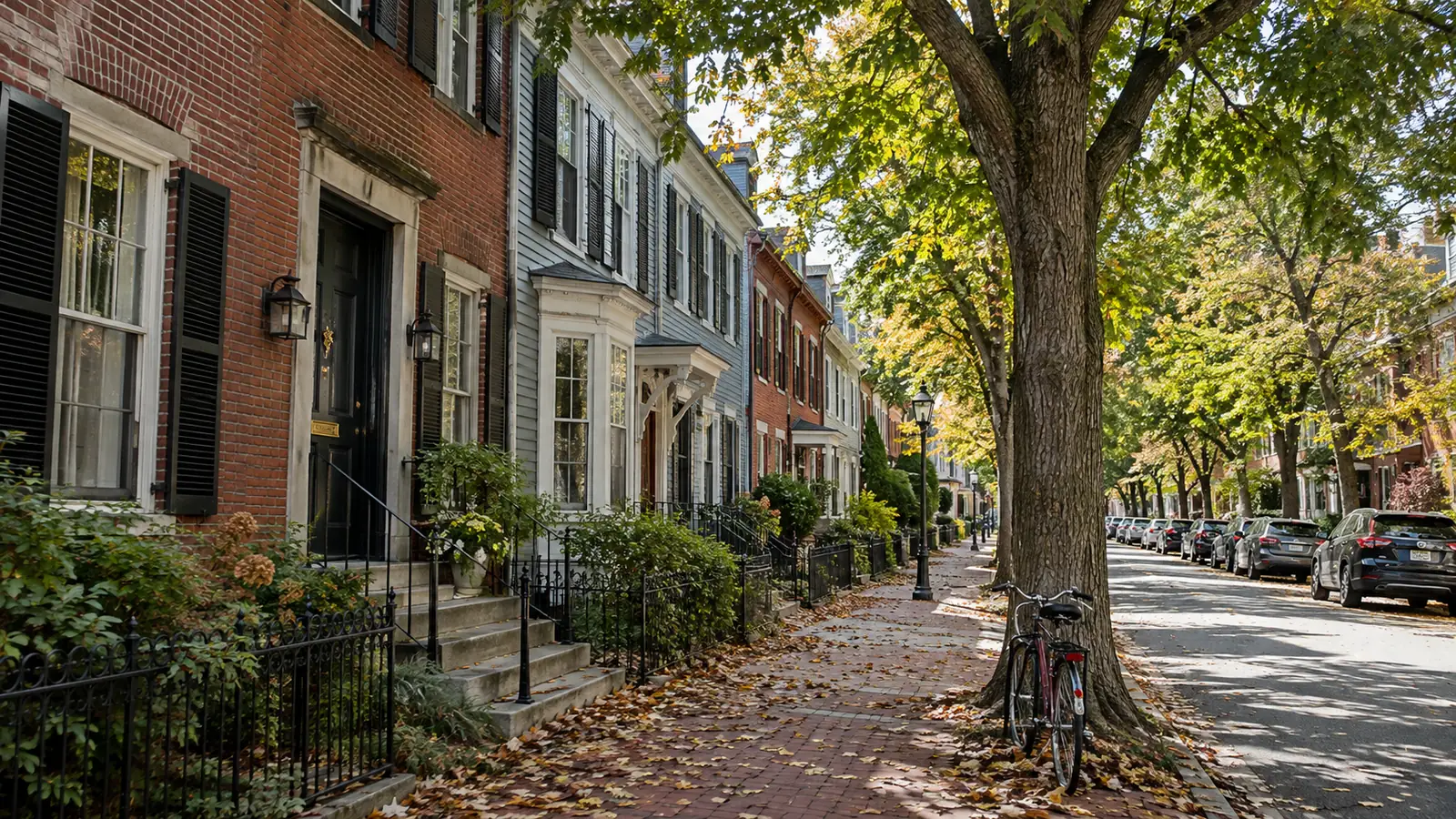 AI-generated photographic scene of a leafy residential sidewalk beside brick homes and a bicycle