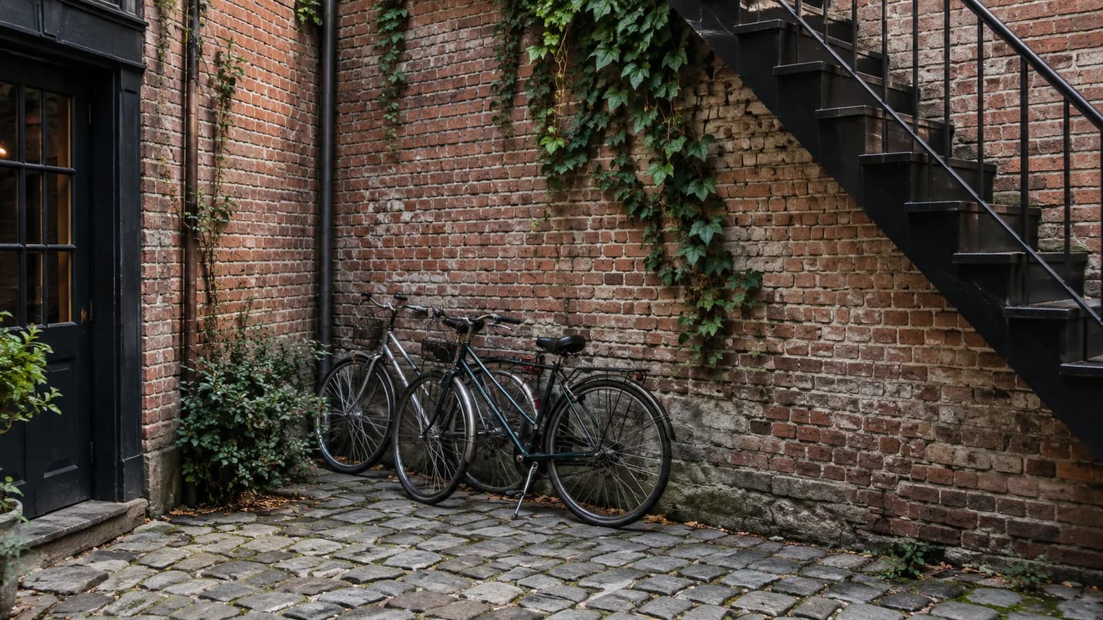 AI-generated photographic scene of bicycles in a weathered brick courtyard beneath metal stairs