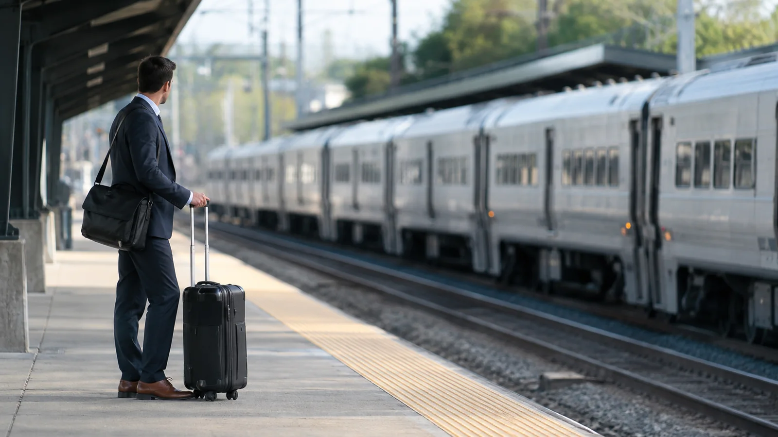 AI-generated photographic scene of a business traveler with luggage waiting beside a commuter train