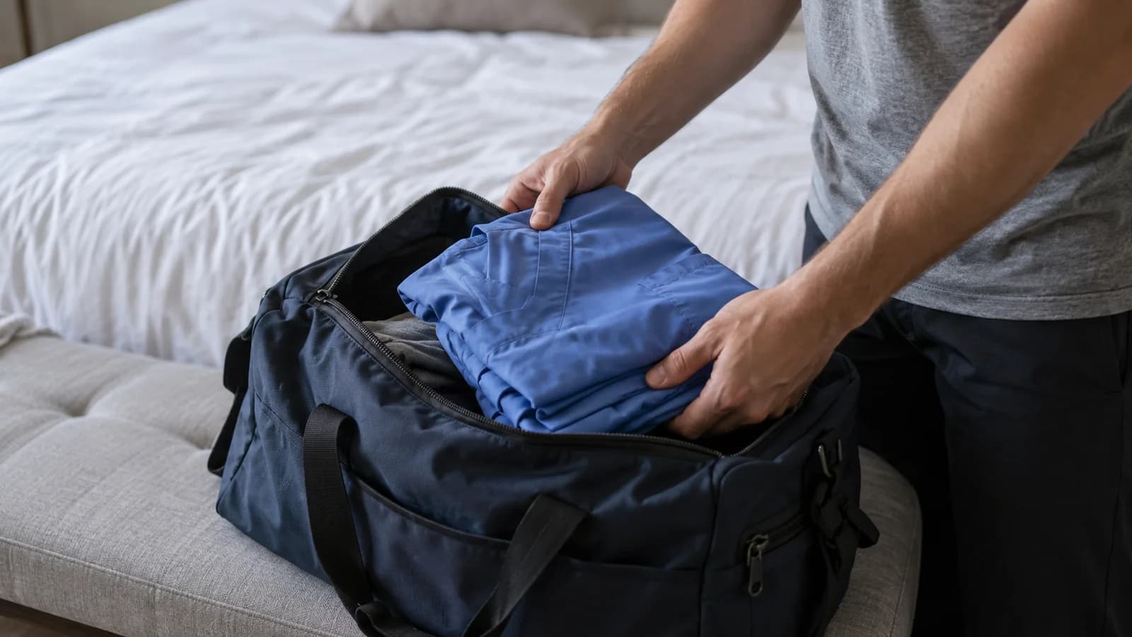AI-generated photographic scene of hands packing folded blue scrubs into a dark travel bag