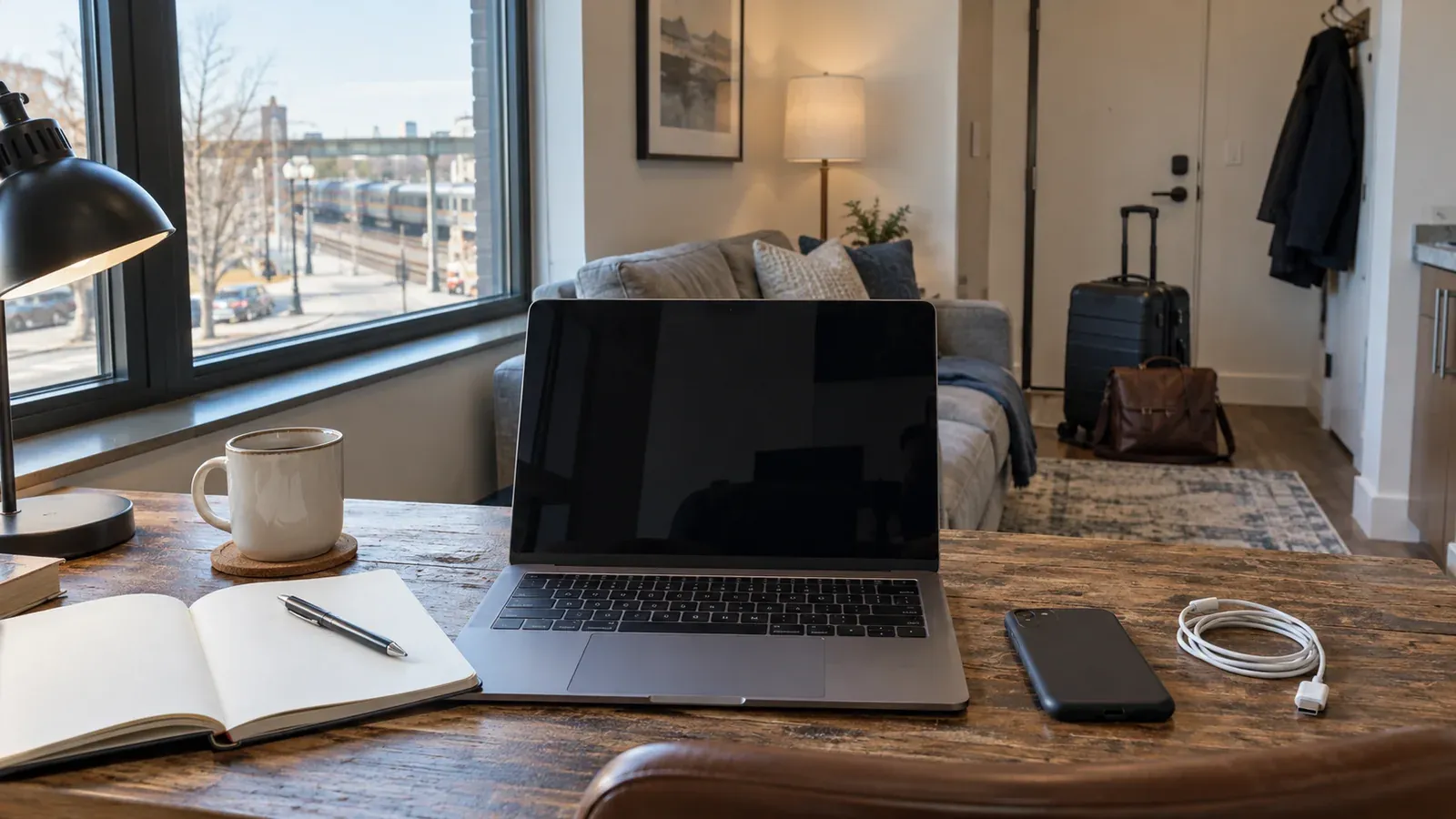 AI-generated photographic scene of a laptop and notebook on a wooden desk, with luggage by a doorway and a train visible through a window; an illustrative setting.