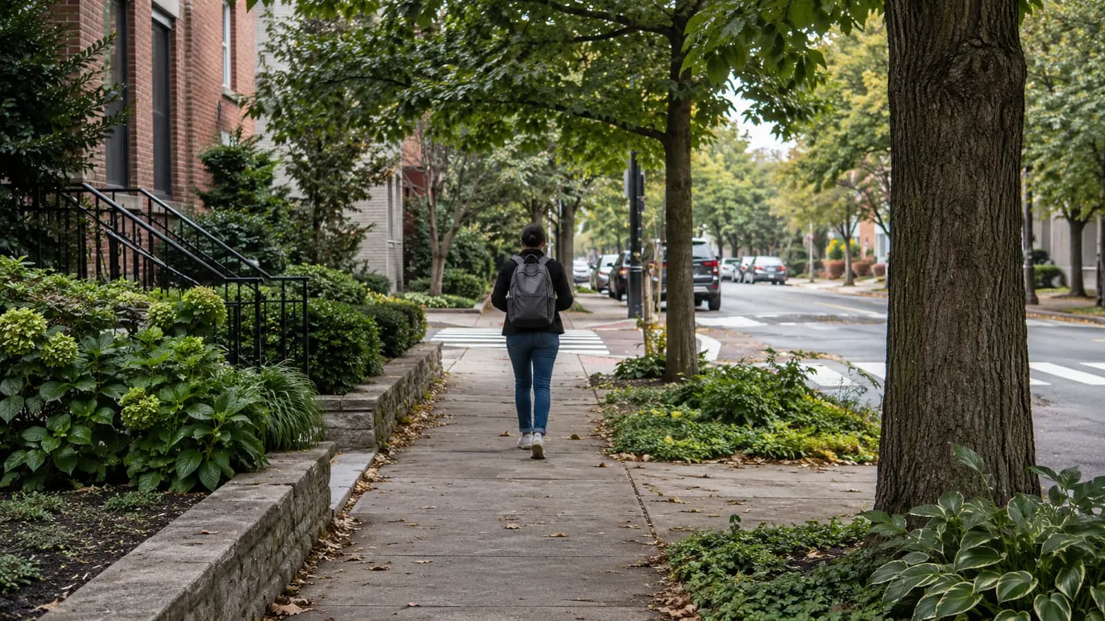 AI-generated photographic scene of a backpacked pedestrian on a leafy sidewalk beside brick homes and parked cars