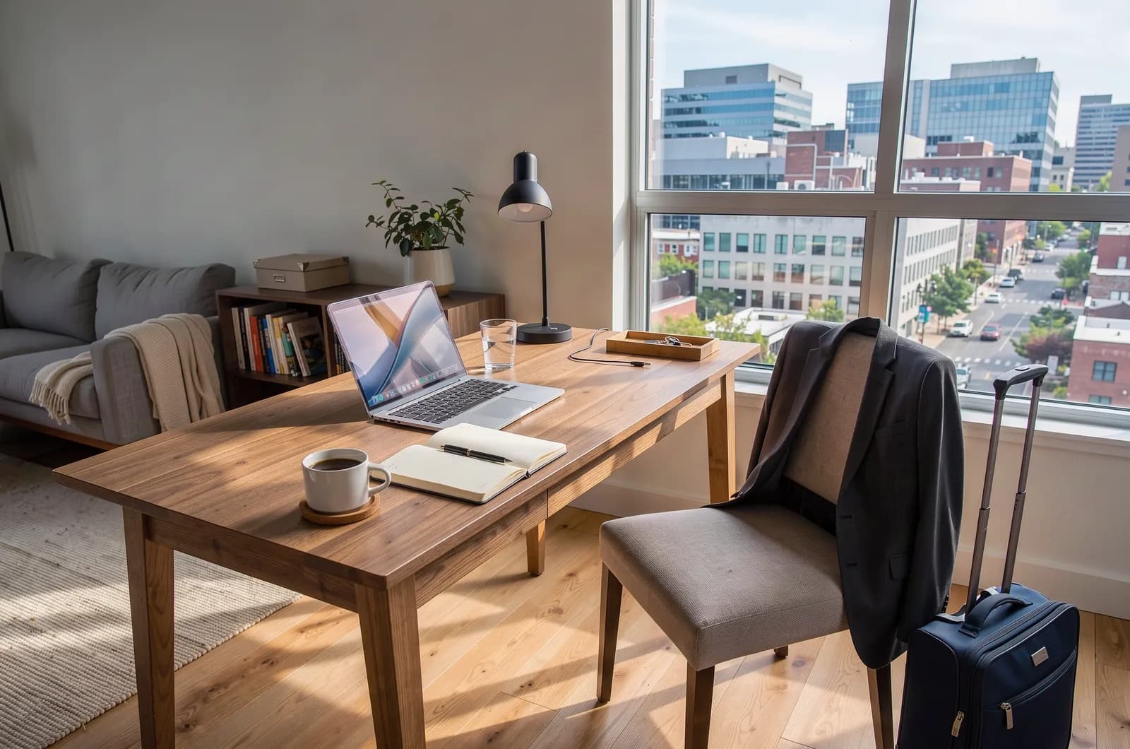 Furnished apartment workspace with a laptop and a downtown view, illustrating a business stay in Stamford