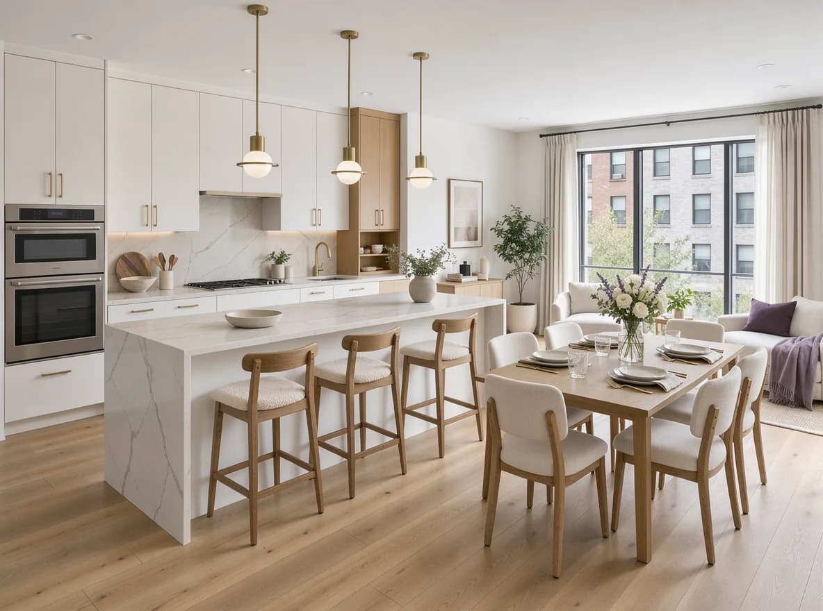 Furnished apartment kitchen and dining area ready for a new resident