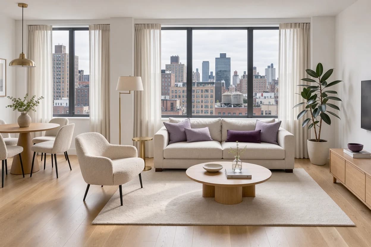 Furnished apartment living room with a city view