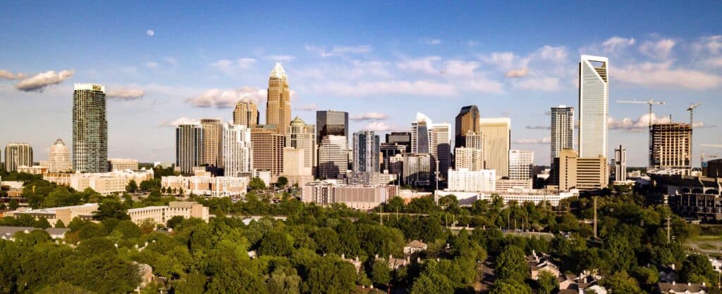 Aerial view of downtown Charlotte skyline.