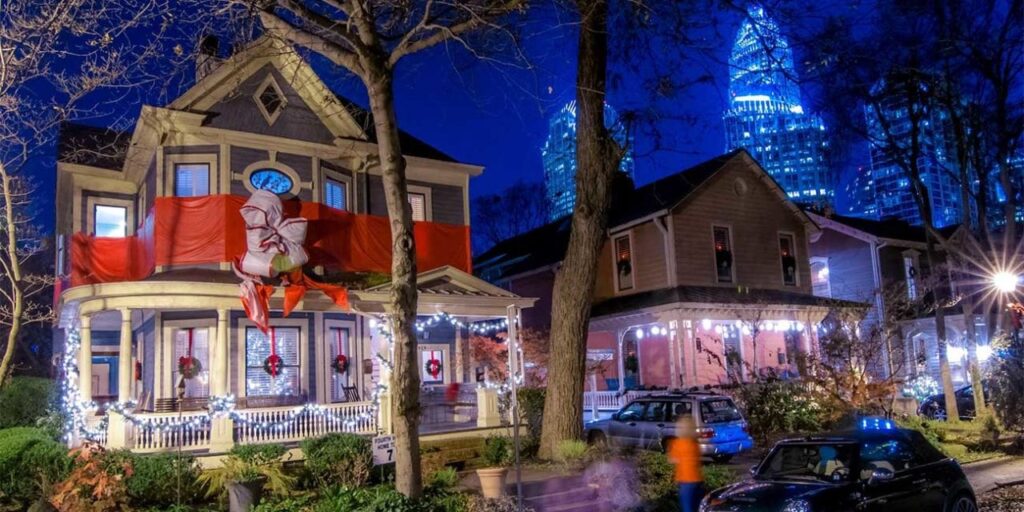 Historic home with holiday lights, Charlotte.
