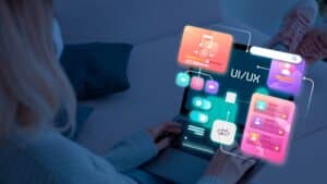 Woman using futuristic UI/UX software.
