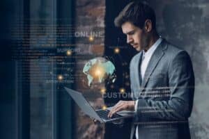 Businessman using tech for customer service