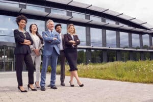 Diverse business team outside office