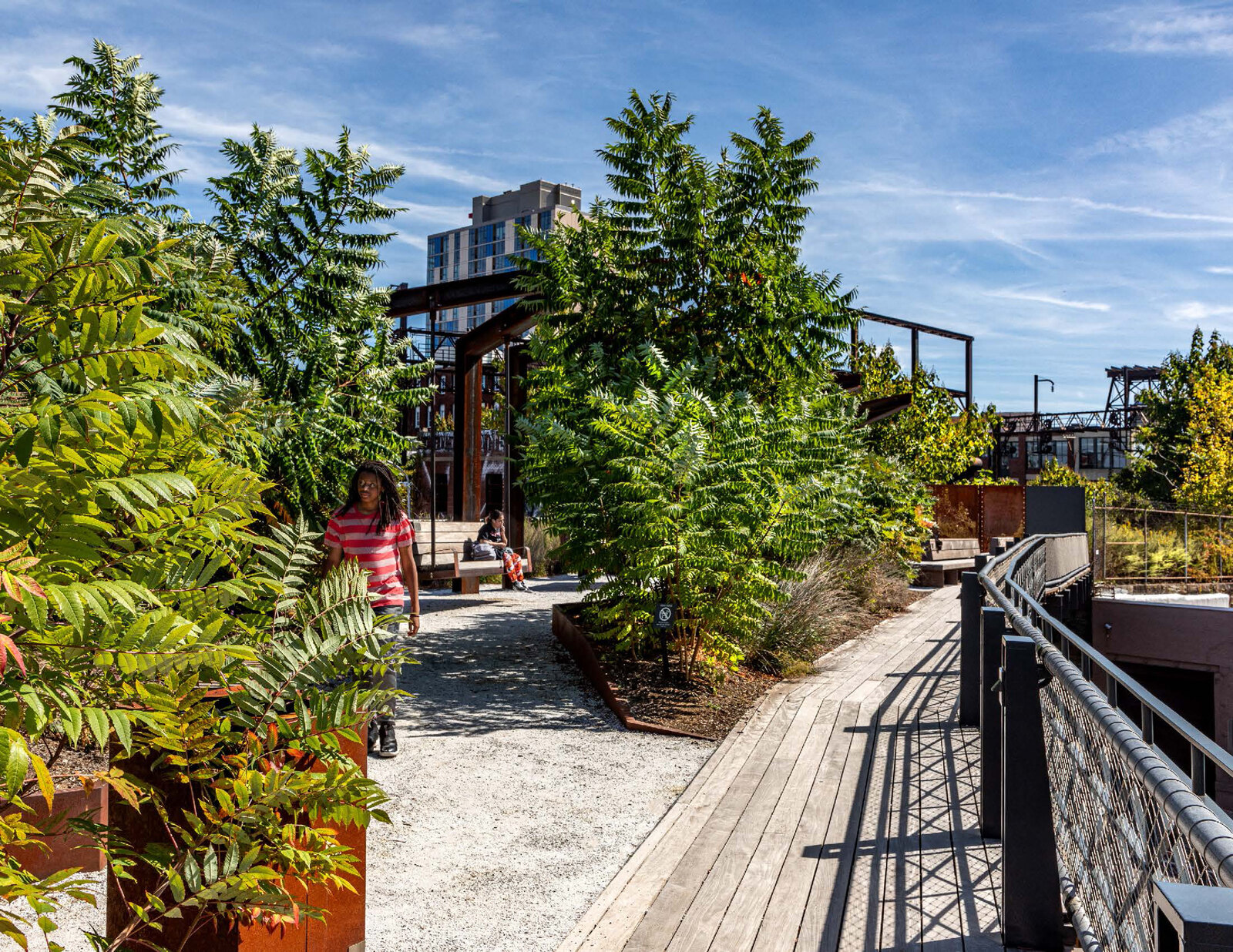 Rail Park elevated walkway with Philadelphia skyline views